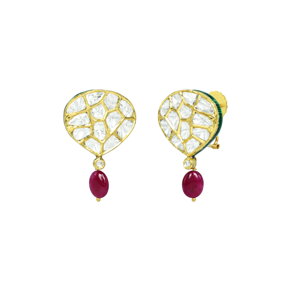 Pear-Shaped Polki Earrings with Ruby Maniya Drop